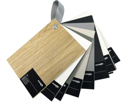 Collection d'échantillons de couleurs Classen avec décor bois et tons de gris