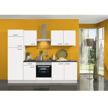 Cuisine complète avec armoires, évier, cuisinière et hotte aspirante dans une cuisine lumineuse.