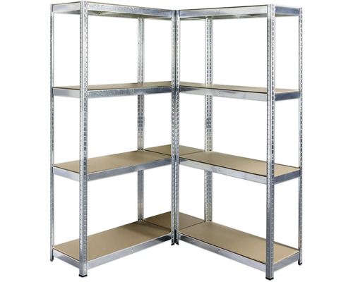 Zwei verzinkte Eckregale mit mehreren Regalböden.