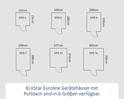 EcoStar Euroline Gerätehaus Größenübersicht mit Maßangaben