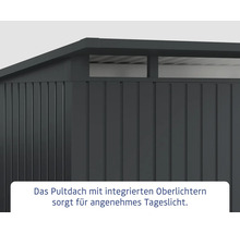 Detailansicht eines Geräteschuppens mit Pultdach und integrierten Oberlichtern.