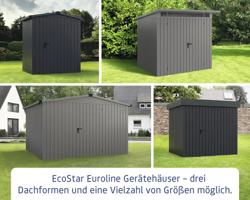 Image composite de cabanons de jardin EcoStar Euroline avec différentes formes de toit et tailles.