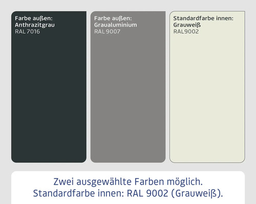 Sélection de couleurs : gris anthracite RAL 7016, gris aluminium RAL 9007 et blanc grisâtre RAL 9002