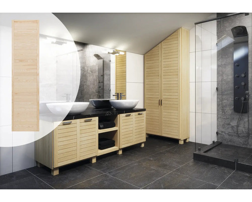 Porte profilée Pin 199,5x49,4 cm Salle de bains avec lavabo, miroir, meuble de rangement et douche en bois clair