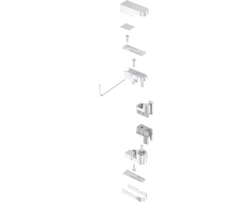 Schéma éclaté d'un jeu de ferrures avec vis et outil