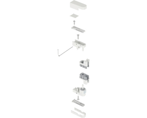 form&style Scharnier für Modena Drehtür weiß matt Explosionszeichnung eines Rollladenkastens mit Zubehör und Schrauben