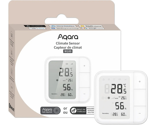 Capteur climatique Aqara W100 dans son emballage et en tant qu'appareil individuel