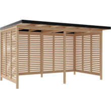 Holzunterstand mit Lamellenwänden und schwarzem Dach