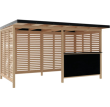 Holzpavillon mit Lamellenwänden und Theke