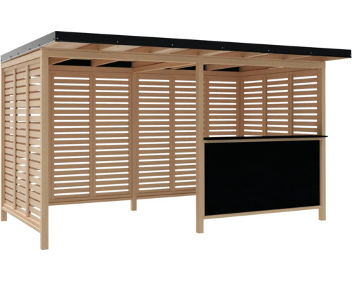 Holzpavillon mit Lamellenwänden und Theke