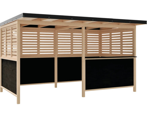Holz Pavillon mit Lamellenwänden und schwarzem Sockel