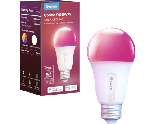 Ampoule LED intelligente Govee RGBWW avec culot E27 et 800 lumens dans son emballage et en gros plan