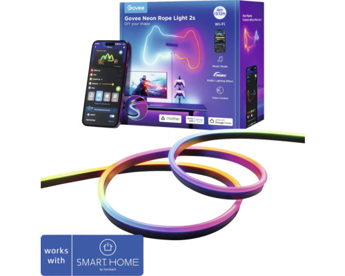 GOVEE Smart LED Strip RVB Neon Rope Light 2S noir 4m Matter Govee Neon Rope Light 2s pour une conception individuelle avec fonction Wi-Fi, mode musique, effet de lumière RGBIC et commande vocale