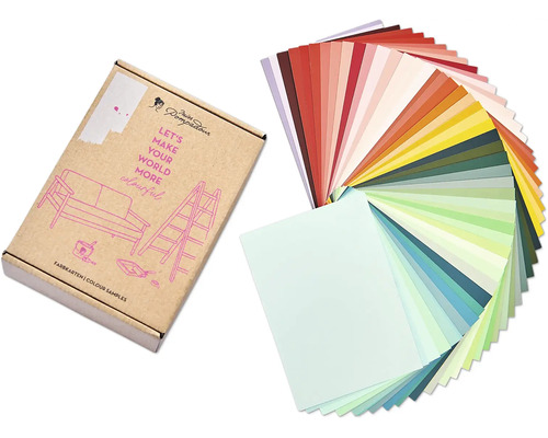 Farbfächer und Verpackung mit Aufschrift und Illustrationen