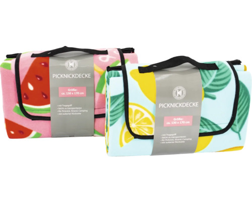 Deux couvertures de pique-nique avec poignée de transport et motifs différents