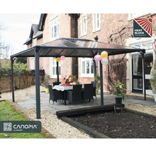 Pavillon monté avec table et chaises dans le jardin avec le label Heat Block Technology