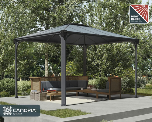 Scène de jardin avec un pavillon incluant la technologie Heat Block et le logo Canopia by Palram.