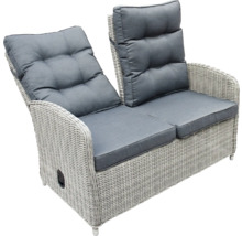 Canapé de jardin deux places en polyrotin avec coussins gris