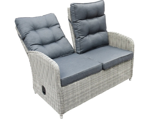 Canapé de jardin deux places en polyrotin avec coussins gris