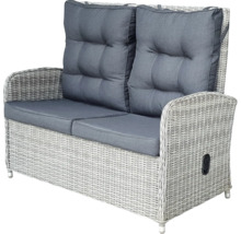Canapé de jardin pour deux personnes avec coussins gris et structure en rotin
