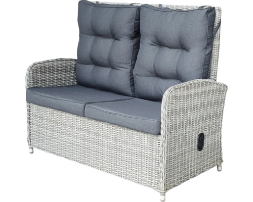 Canapé de jardin pour deux personnes avec coussins gris et structure en rotin