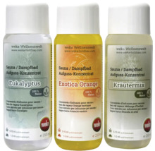 Trois flacons de concentré pour sauna de Weka : Eucalyptus, Exotica Orange et Mélange d’herbes
