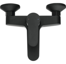 Schwarze Badarmatur mit zwei Griffen zur Wassermengenregulierung