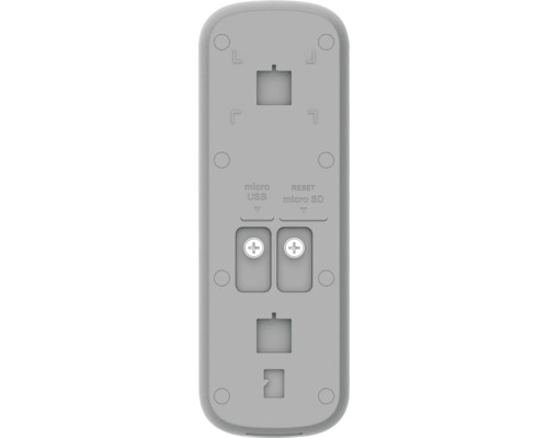 Face arrière d'un appareil électronique avec des marquages pour micro USB, réinitialisation et micro SD et deux vis cruciformes.