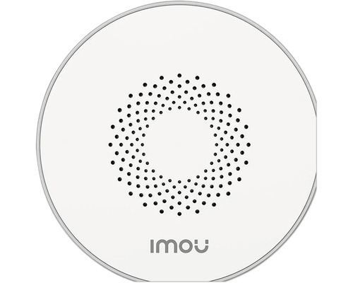 Logo IMOU sur un appareil rond avec un motif perforé