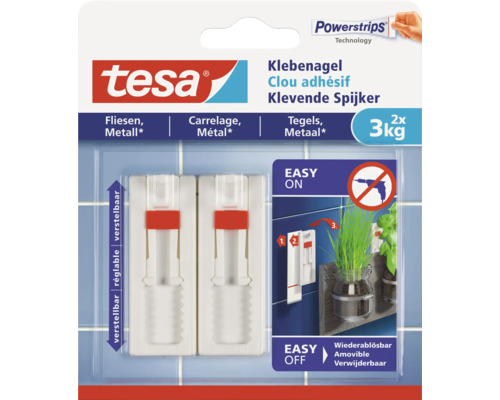 Clou adhésif tesa pour carrelages blanc réglable charge 3 kg 2 pcs Clou adhésif Tesa pour carrelage et métal, convient pour une charge jusqu'à trois kilogrammes