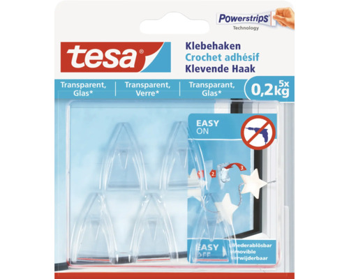 Crochet adhésif tesa pour verre transparent charge 0,2 kg 5 pces Tesa Crochet adhésif Powerstrips Technology, transparent, lot de 5