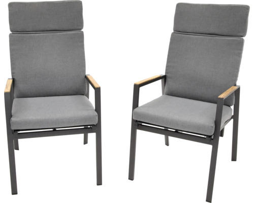 Deux chaises de jardin grises avec accoudoirs et haut dossier