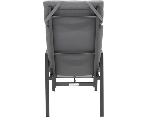 Vue arrière d'une chaise de jardin avec rembourrage et cadre en aluminium