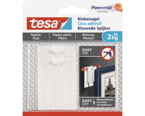 Clou adhésif tesa pour papier peint & crépi blanc charge 2 kg 2 pcs Clou adhésif Tesa pour papier peint et plâtre, force de maintien jusqu'à deux kilogrammes, deux pièces