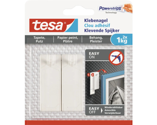 Clou adhésif tesa pour papier peint & crépi blanc charge 1 kg 2 pcs Clou adhésif Tesa pour papier peint et plâtre, 2 pièces, capacité de charge jusqu'à 1 kilogramme