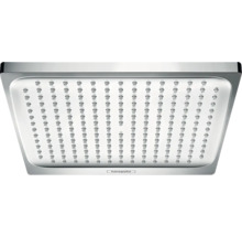 Quadratischer Duschkopf mit mehreren Düsen und Hansgrohe Logo