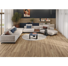 Salon avec canapé d'angle, table basse sur un tapis rond et parquet