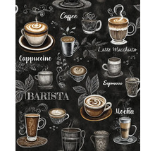 Illustration avec des tasses à café et des variétés de café sur un fond sombre