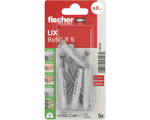 Fischer Universaldübel UX 8 x 50 Millimeter mit Schrauben, 5 Stück