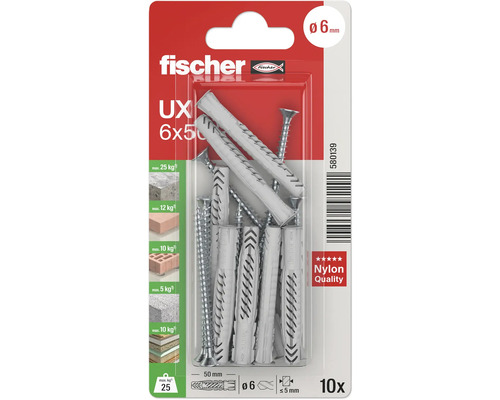 Fischer UX 6 x 50 Universaldübel und Schrauben, 10er-Pack