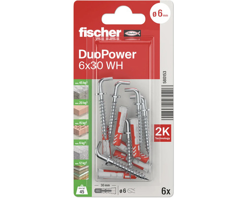 Fischer DuoPower Dübel 6x30 mit Hakenschrauben, 6er-Pack