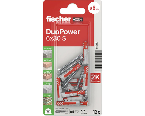 Fischer DuoPower 6x30 S Dübel und Schrauben, 12 Stück