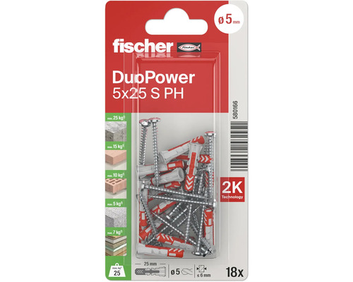 Fischer Dübel DuoPower 5x25 S PH, 18 Stück