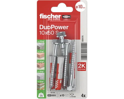 Fischer Dübel DuoPower 10x50 mit Schrauben, 4 Stück, in Verpackung
