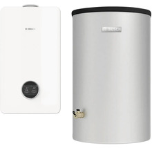 Logo Bosch à côté d'un ballon d'eau chaude et d'un chauffe-eau instantané.