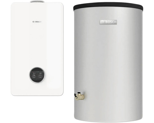 Logo Bosch à côté d'un ballon d'eau chaude et d'un chauffe-eau instantané.