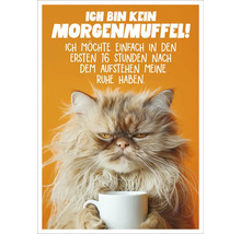 Poster décoratif avec le dicton Je ne suis pas du matin et un chat grincheux avec une tasse à café