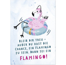 Illustration d'une carte de vœux avec un flamant rose sur une bouée, portant un casque et écoutant de la musique