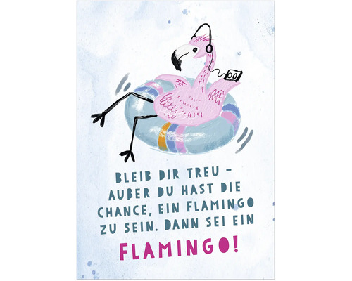 Illustration d'une carte de vœux avec un flamant rose sur une bouée, portant un casque et écoutant de la musique
