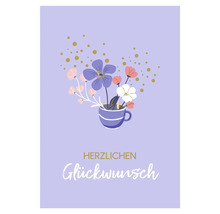 Carte de félicitations avec des fleurs dans une tasse